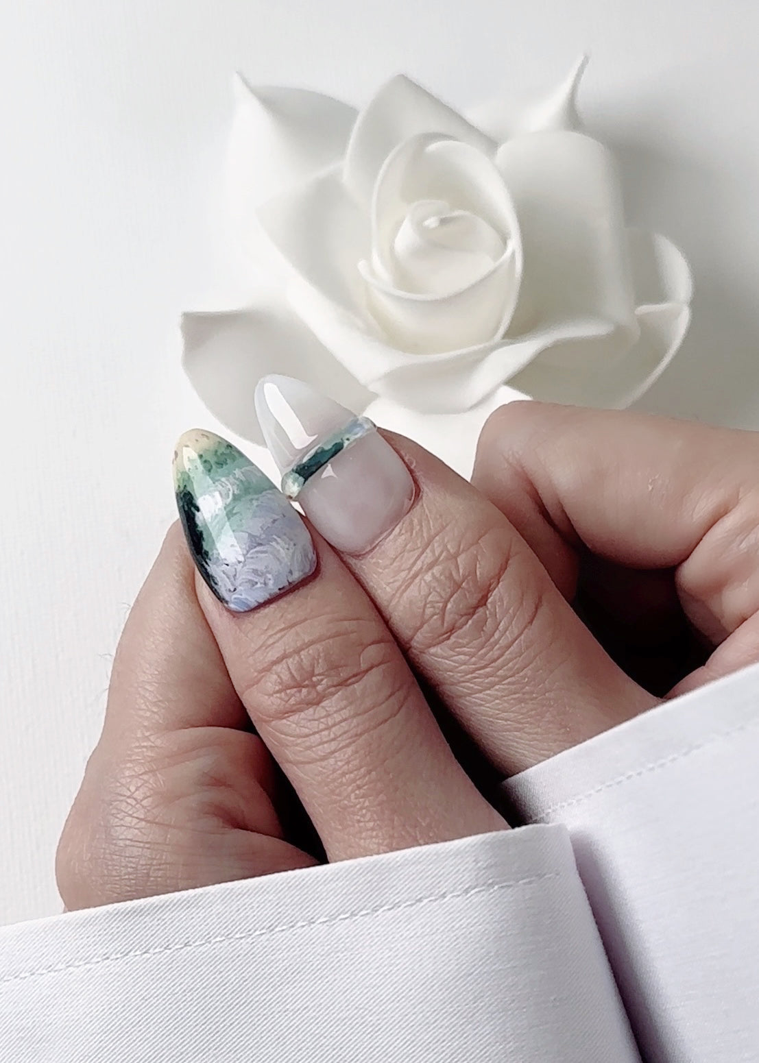 Close-up view of Vincent's Cypresses press-on nails featuring artistic and classic design inspired by Van Gogh's painting