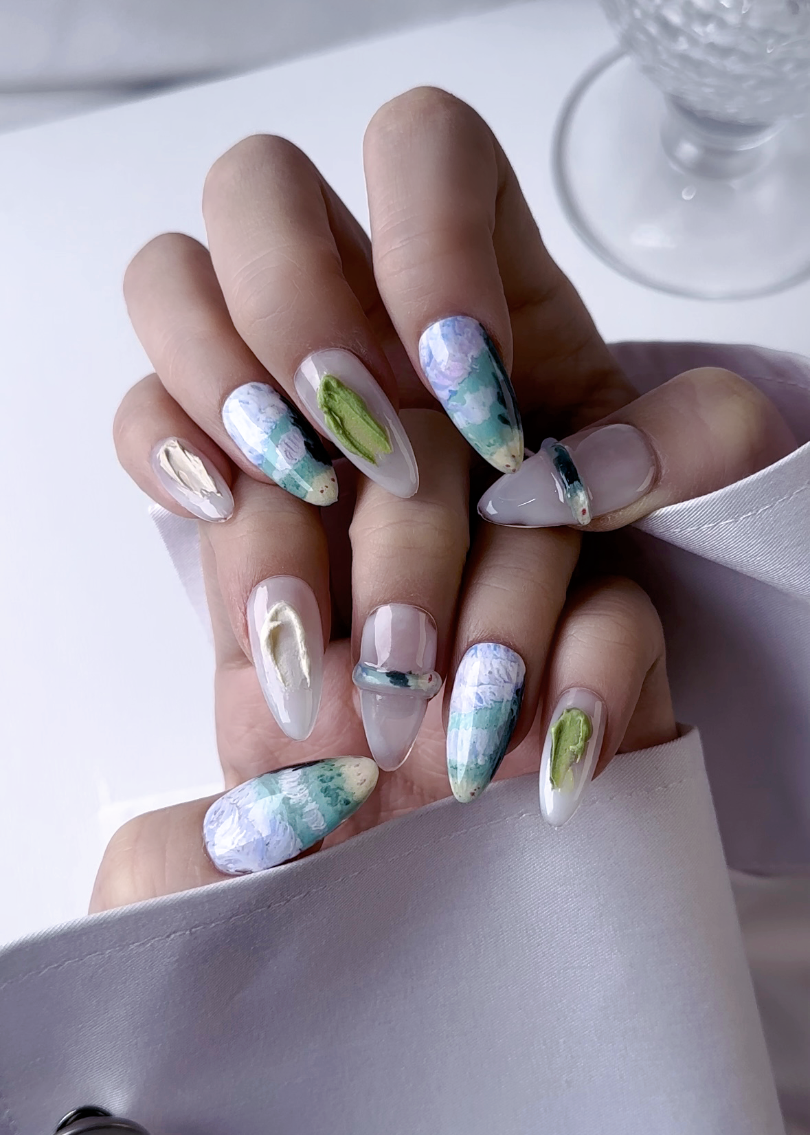 Close-up view of Vincent's Cypresses press-on nails featuring artistic and classic design inspired by Van Gogh's painting