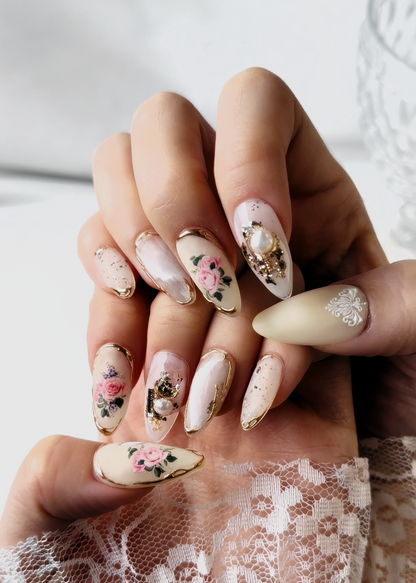 Close-up view of English Rose Garden-Koreana Bloom press-on nails featuring elegant and classic design with fresh floral details-actual look when applied 