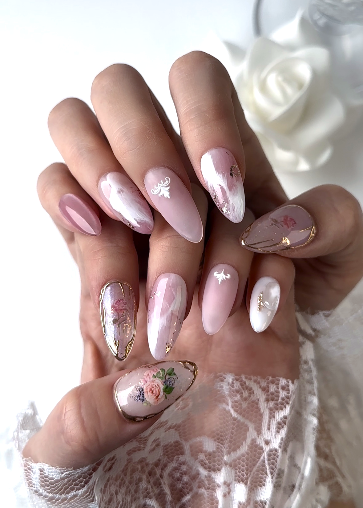 Close-up view of English Rose Garden-Vintage Pink press-on nails featuring elegant and classic design with fresh floral detail