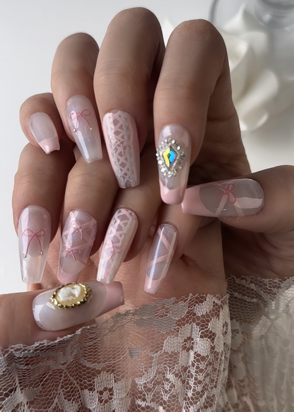 Close-up view of My Ballet Diary press-on nails featuring elegant, lovely, and cute design inspired by ballet dancers