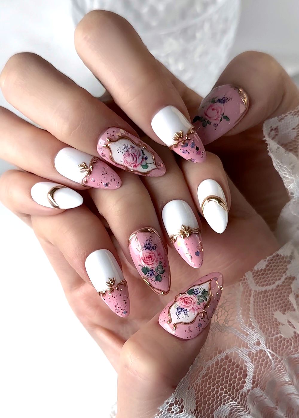 Close-up view of English Rose Garden press-on nails featuring elegant and detail-oriented design actual look when worn