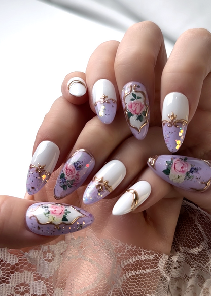 Close-up view of English Rose Garden-Vintage Lilac press-on nails featuring elegant and classic design fit for royalty