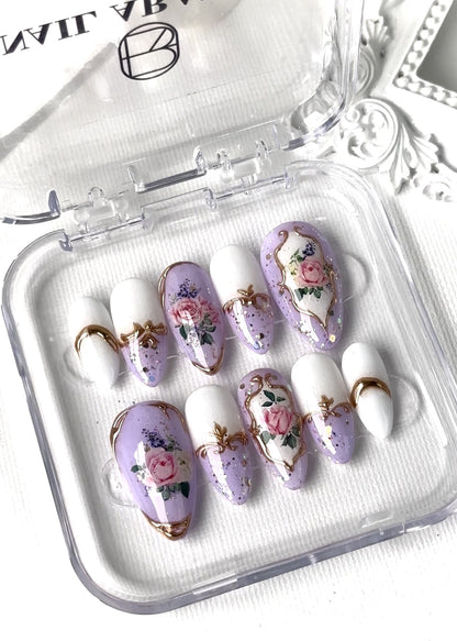 Close-up view of English Rose Garden-Vintage Lilac press-on nails featuring elegant and classic design fit for royalty